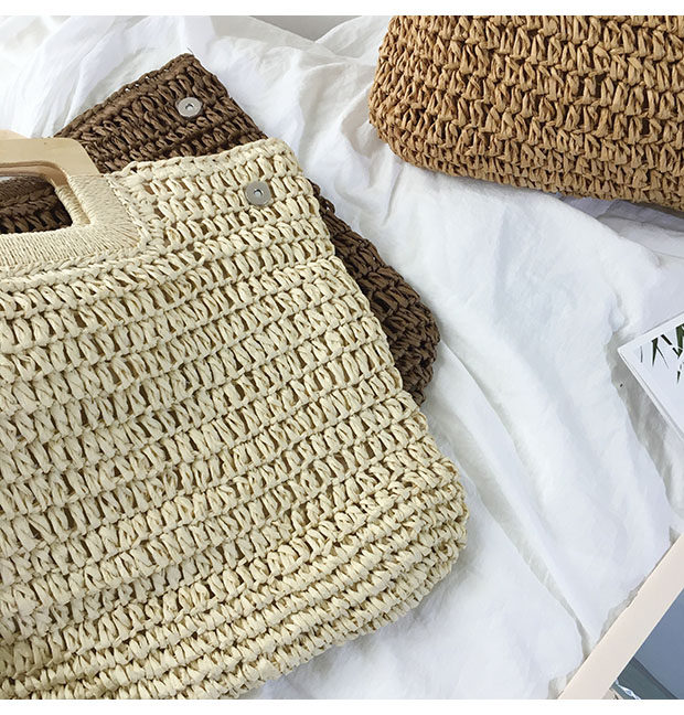 カゴバッグ 木製ハンドル付き手編み台形カゴバッグ