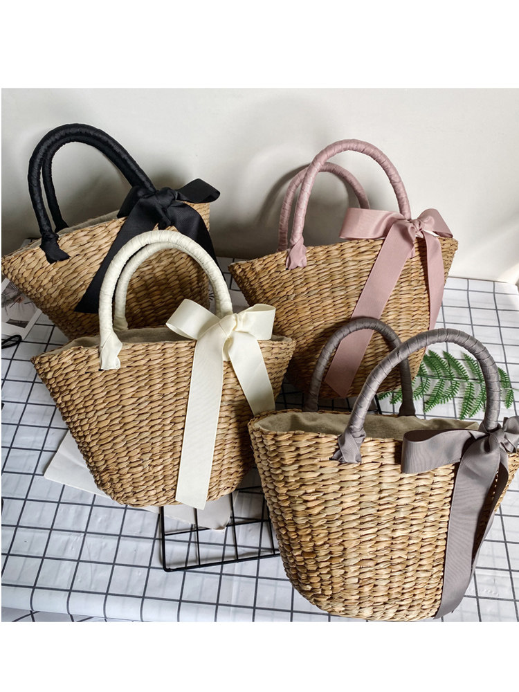 カゴバッグ リボン付き布巻き持ち手のナチュラルかごトート