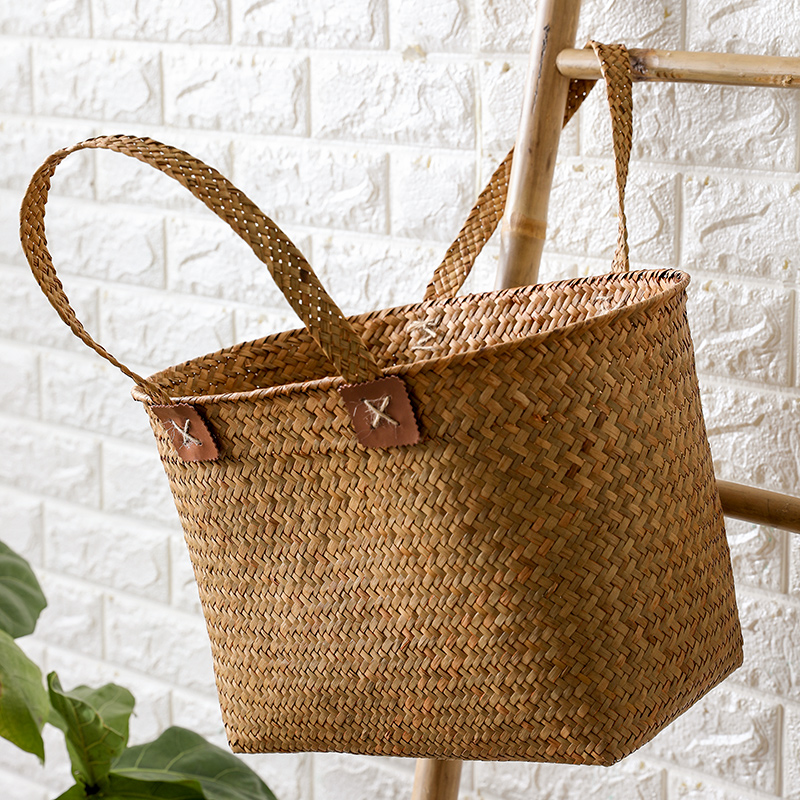 カゴバッグ 本革アクセント付き手編みかご籠ハンドバッグ