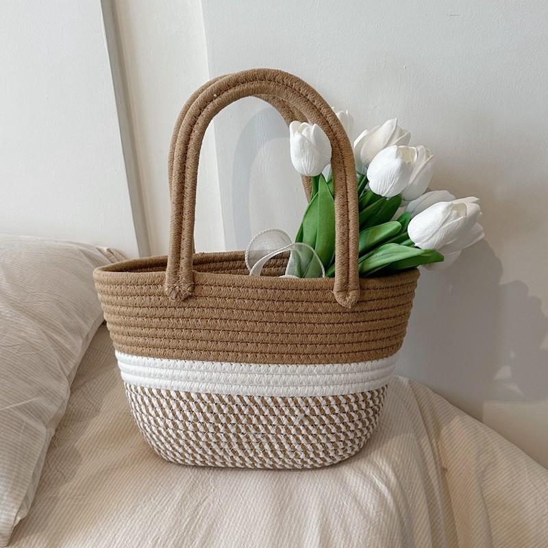 カゴバッグ 編み込みデザイン三段配色トート型カゴバッグ