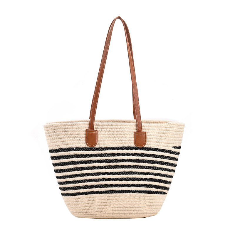 カゴバッグ 横縞模様の編み込みトート型かごバッグ