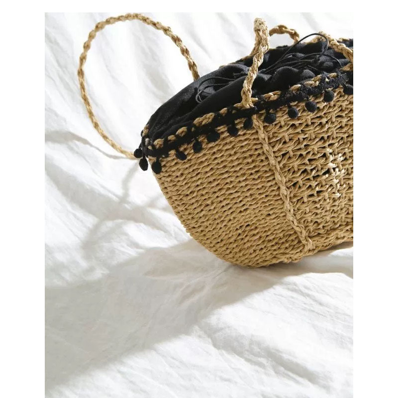 カゴバッグ 天然素材編み込みフリル付き肩掛けかごバッグ