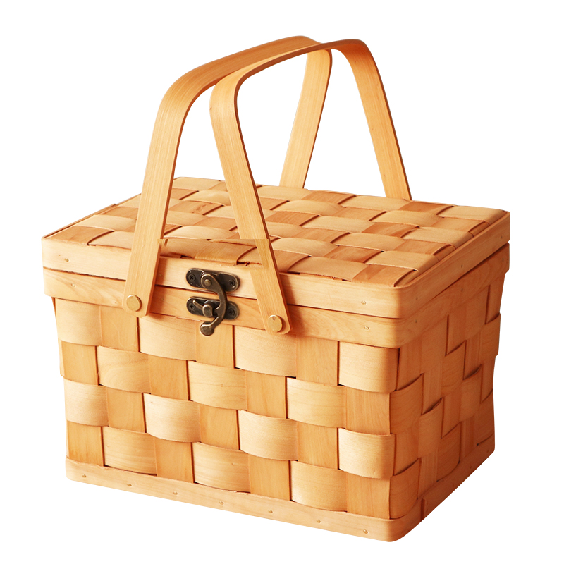 カゴバッグ 天然木材編み込み蓋付きピクニックかご