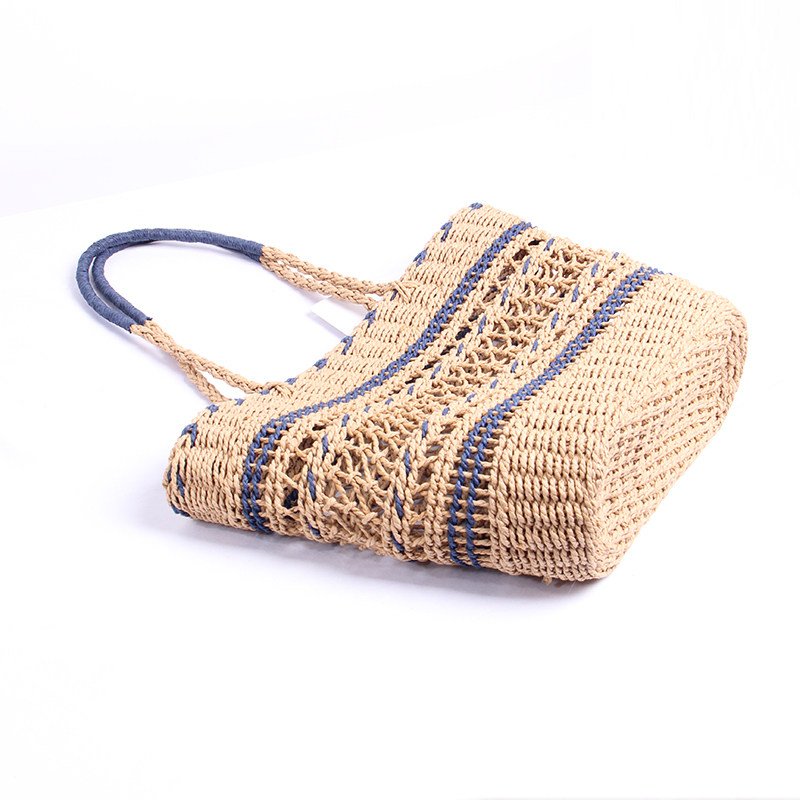 カゴバッグ ボーダー編み込み透かし模様のトート型かごバッグ