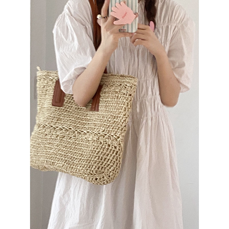 カゴバッグ 異素材編み切り替えデザイン手提げかごバッグ