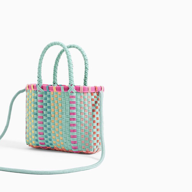 カゴバッグ カラフル縦縞編み込み二通り持ちカゴバッグ