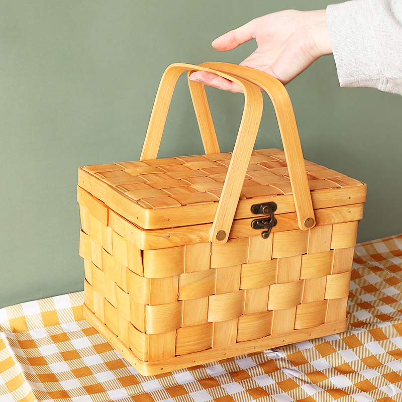カゴバッグ 天然木材編み込み蓋付きピクニックかご