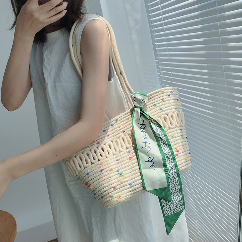 カゴバッグ 花柄リボン付き縄編み大容量かごバッグ