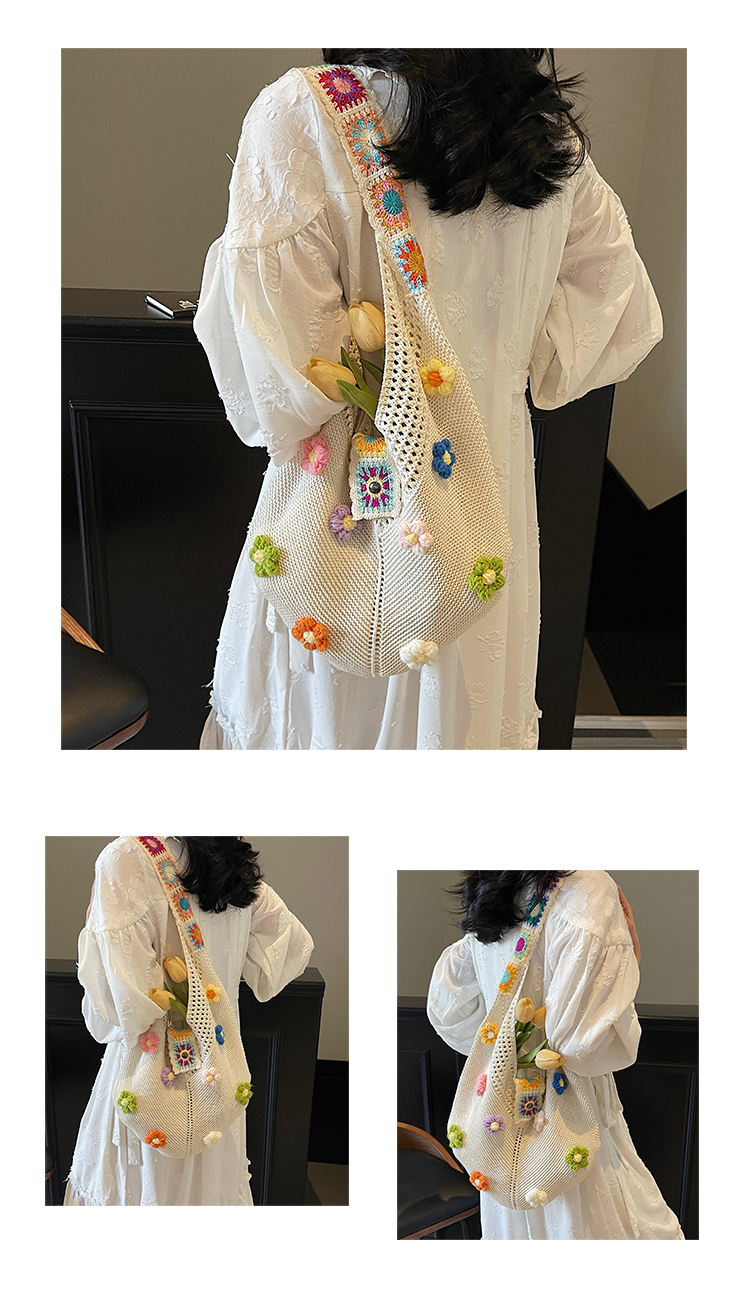 カゴバッグ 花咲く手編みメッシュショルダーバッグ