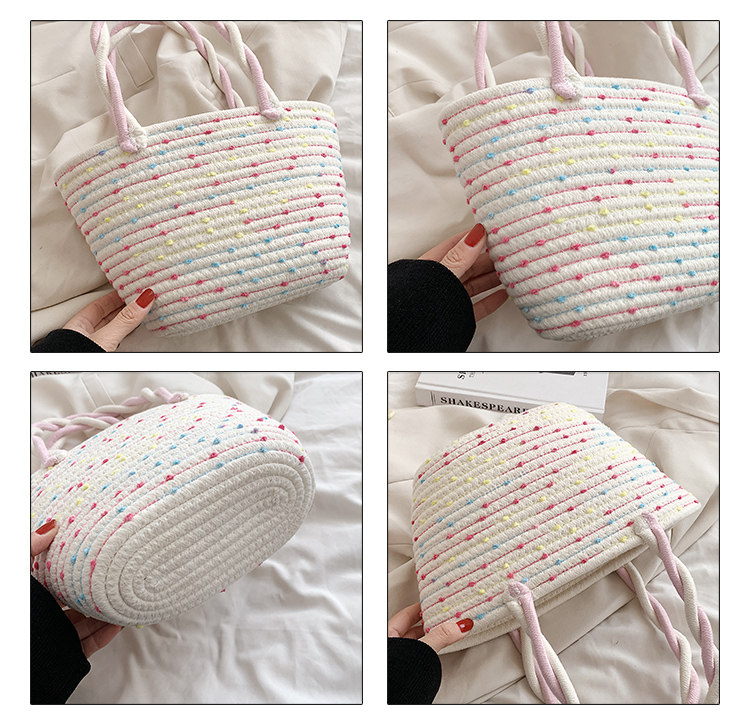 カゴバッグ 編み込みデザイン三段配色トート型カゴバッグ