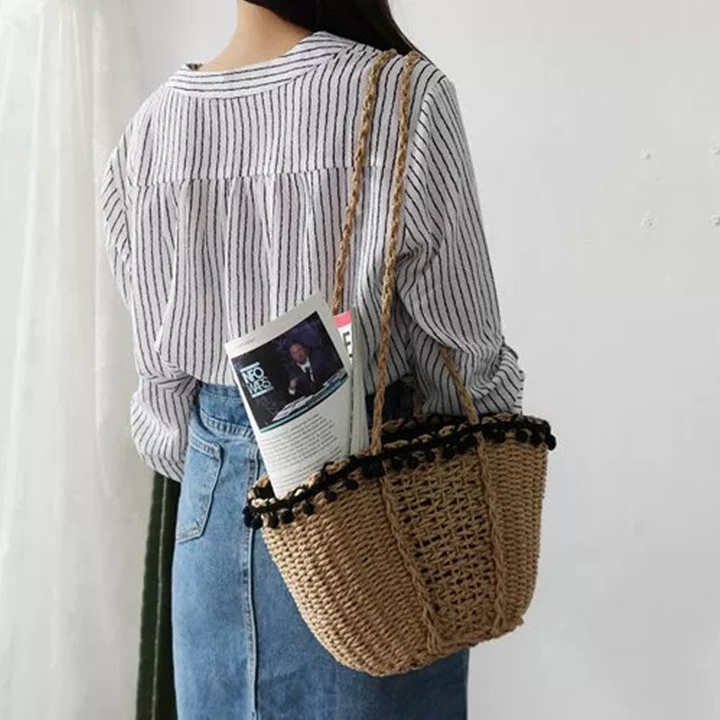 カゴバッグ 天然素材編み込みフリル付き肩掛けかごバッグ