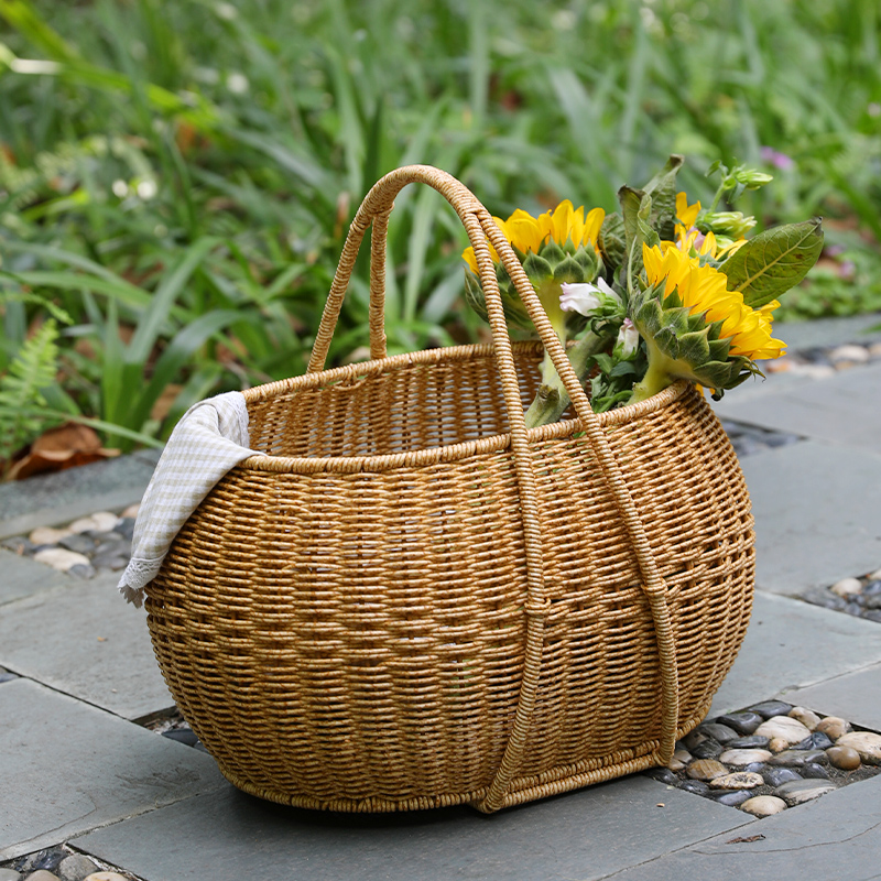 カゴバッグ 天然素材編み込み丸型ハンドル付きバスケット