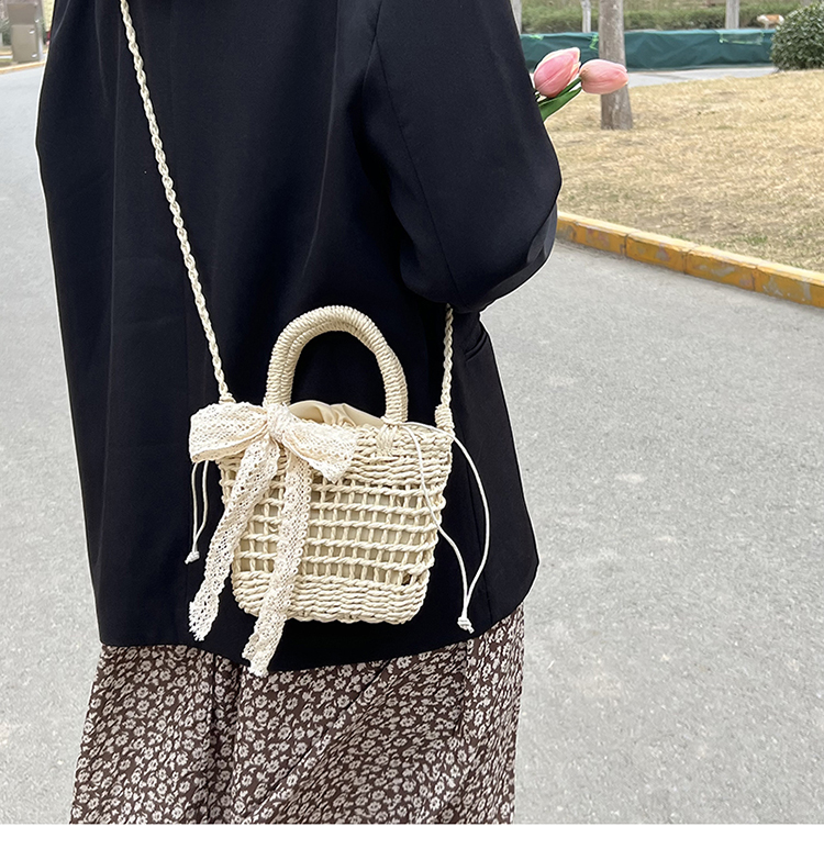 カゴバッグ 花柄リボン付き編み込みカゴバッグ