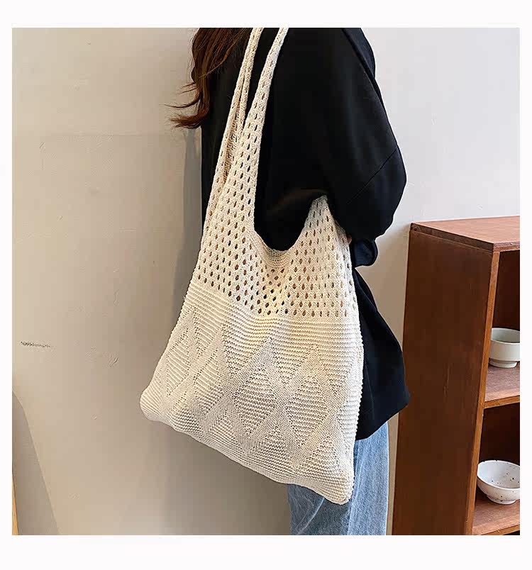カゴバッグ 透かし編み幾何学模様ショルダーカゴバッグ