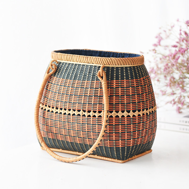 カゴバッグ 民族調幾何学模様編み込みハンドバッグ型かごバッグ