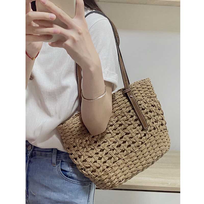 カゴバッグ 透かし編みが涼しげな肩掛けトート型かごバッグ