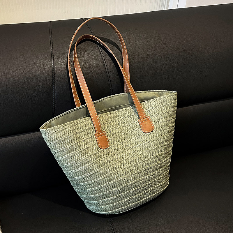 カゴバッグ 合成革持ち手付き横編みデイリートート