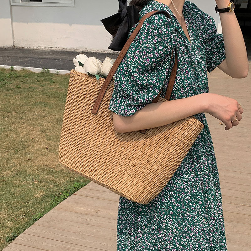 カゴバッグ 巾着内袋付き大容量編み込みトート型カゴバッグ