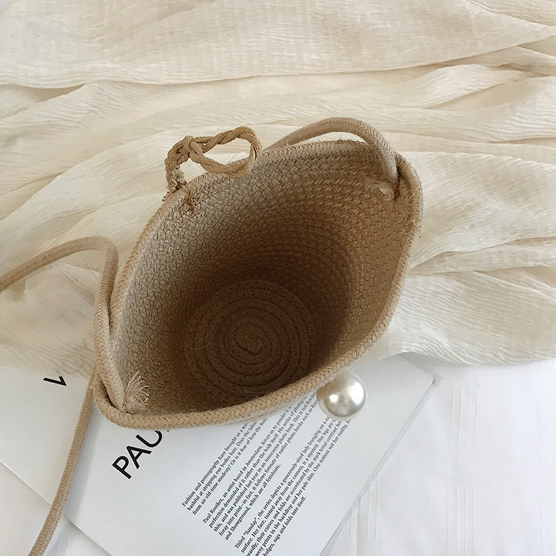 カゴバッグ パール飾り付き編み込みバケツ型カゴバッグ