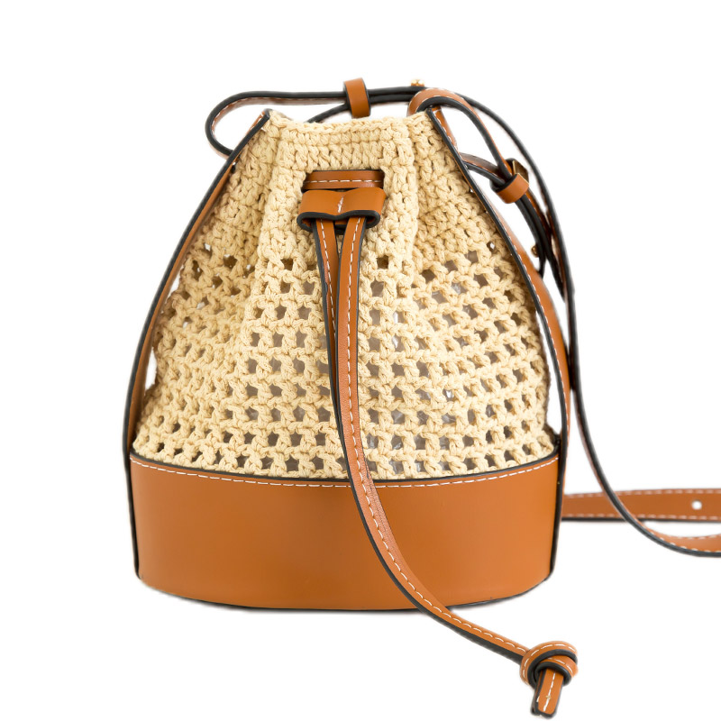 カゴバッグ 手編み風籐編み巾着型ハンドバッグ