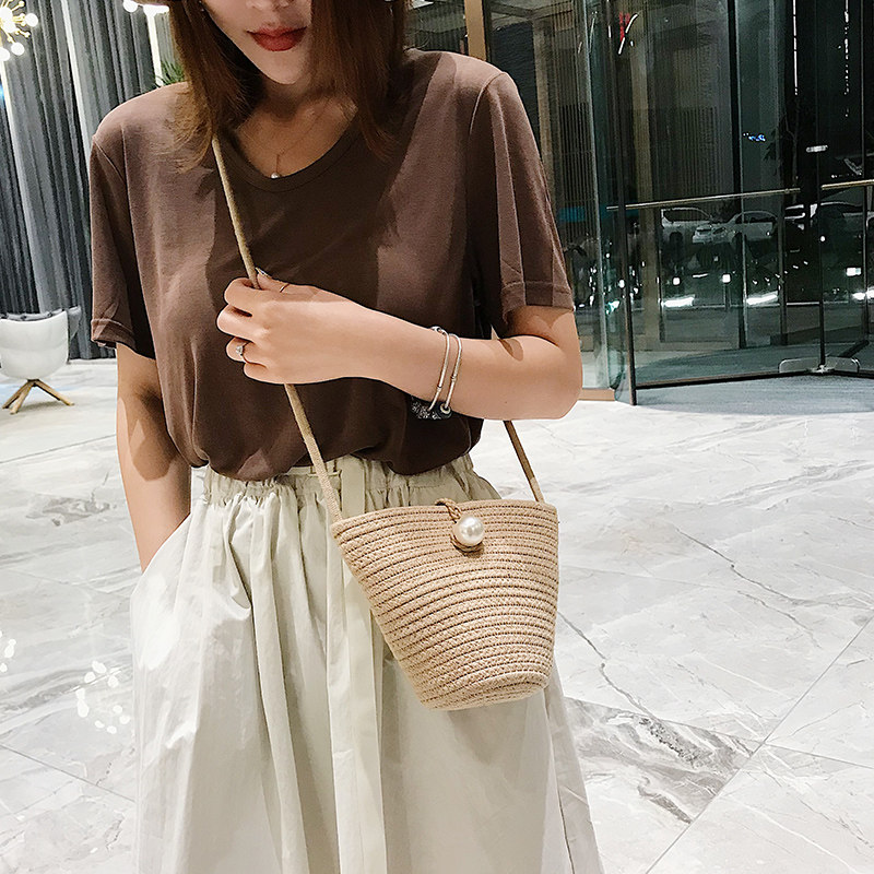 カゴバッグ パール飾り付き編み込みバケツ型カゴバッグ