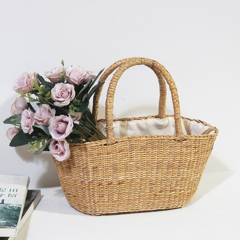 カゴバッグ 天然素材編み込み内布付きハンドバッグ