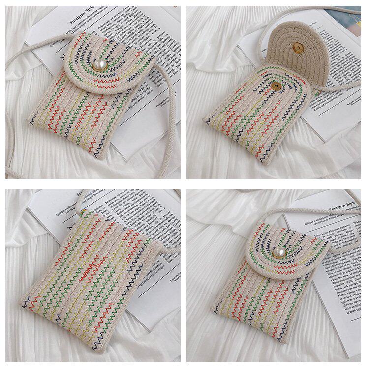カゴバッグ パール飾り付きジグザグ編み縦型ショルダーバッグ