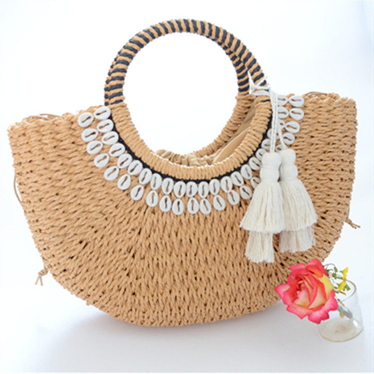 カゴバッグ 貝殻飾り付き丸型持ち手のタッセル装飾かごバッグ