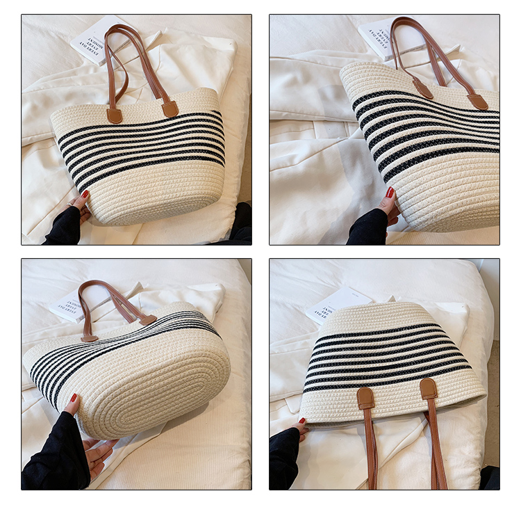 カゴバッグ ボーダー柄編み込み大容量カゴバッグ
