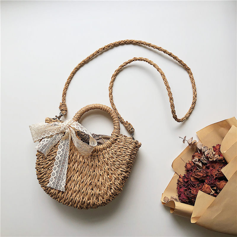 カゴバッグ 真珠チェーン付きレース装飾編み込みかご鞄