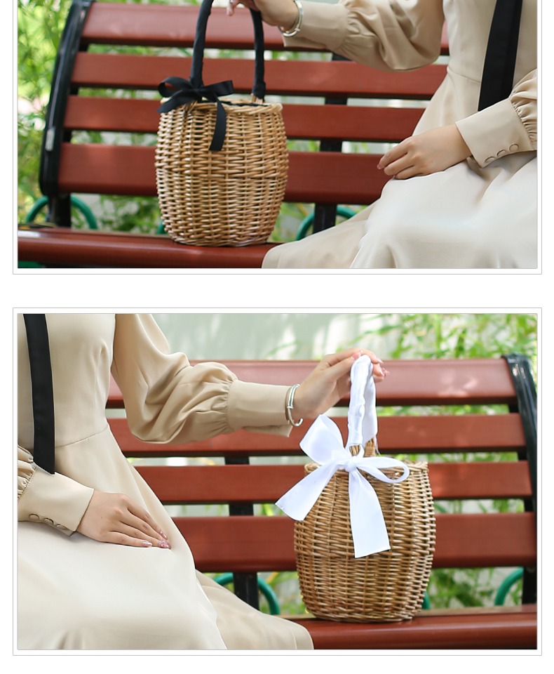 カゴバッグ 天然籐編み円筒形ハンドバッグ