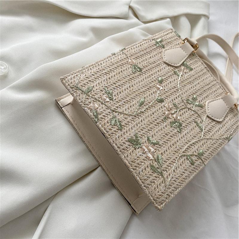 カゴバッグ 草花刺繍入りカゴ素材ミニハンドバッグ