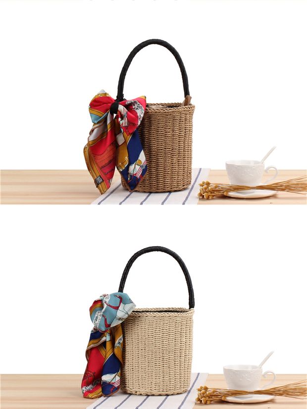 カゴバッグ 天然素材編み込みバケット型リボン付きかごばっぐ
