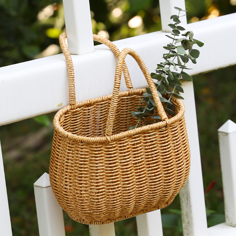 カゴバッグ 天然素材編み込み丸型持ち手付きかごバッグ