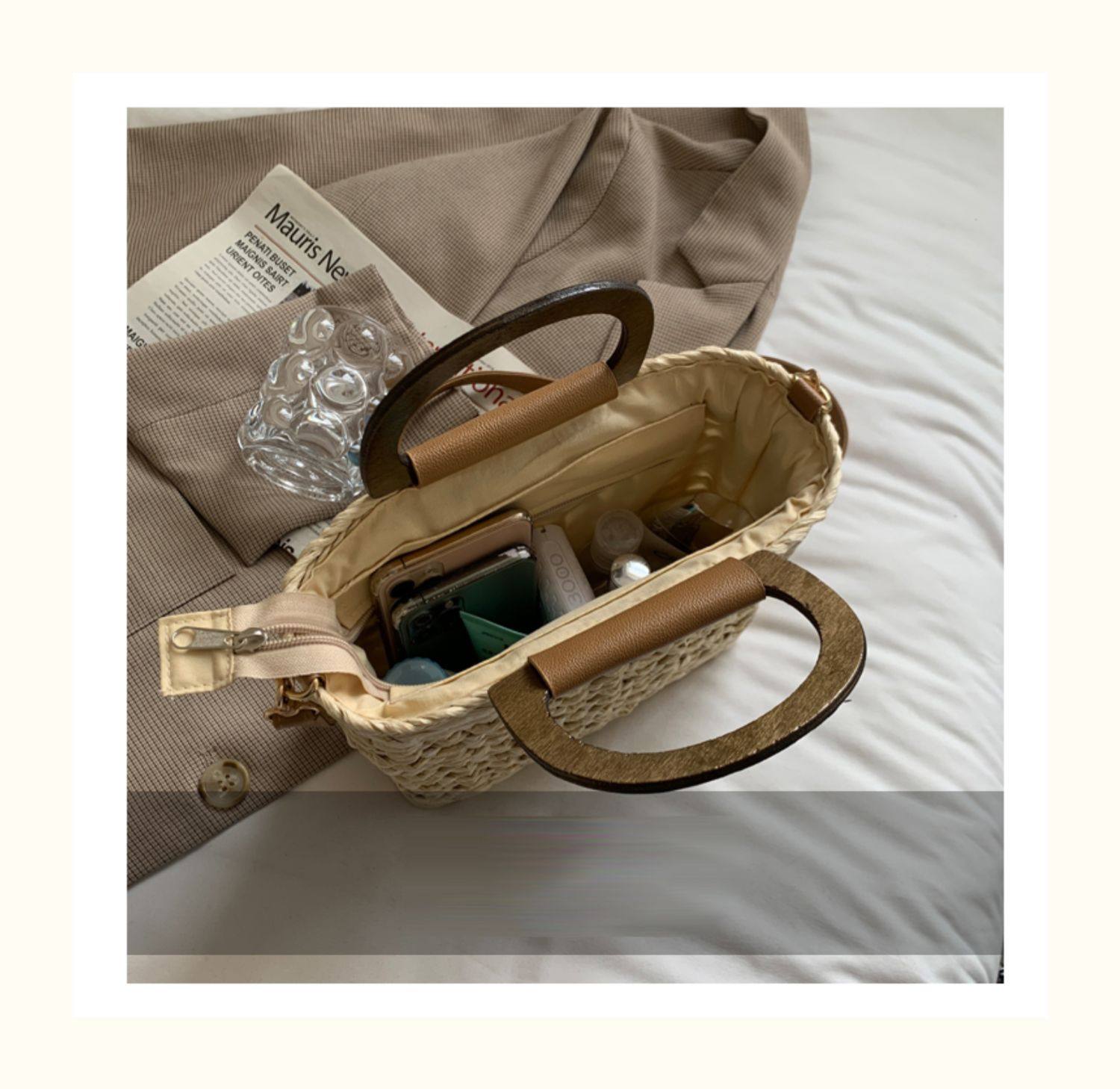 カゴバッグ 手編み風透かし編みスクエア型２way仕様かご鞄