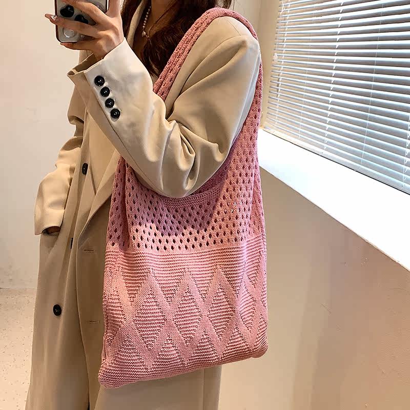 カゴバッグ 透かし編み幾何学模様ショルダーカゴバッグ