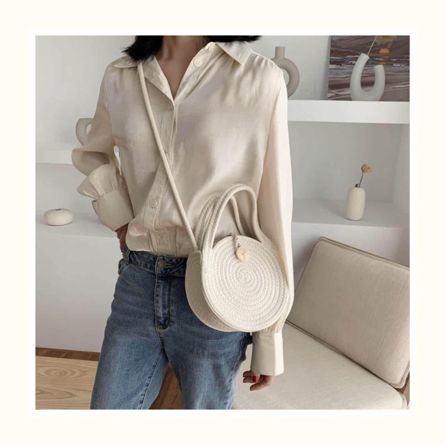 カゴバッグ 渦巻き編み丸型ボタン留めカゴバッグ