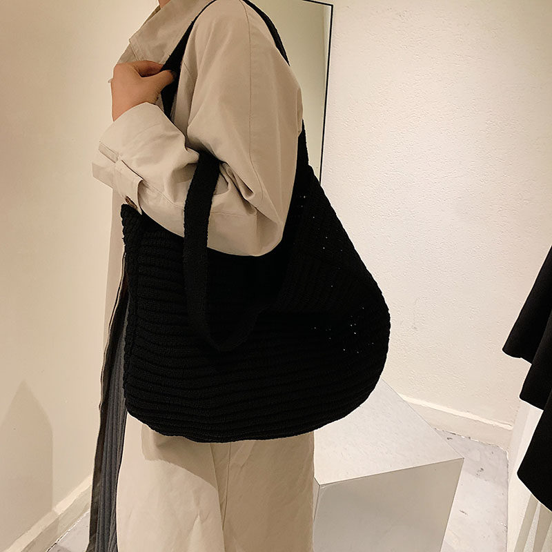 カゴバッグ リボンデザイン編み込みカゴバッグトート型