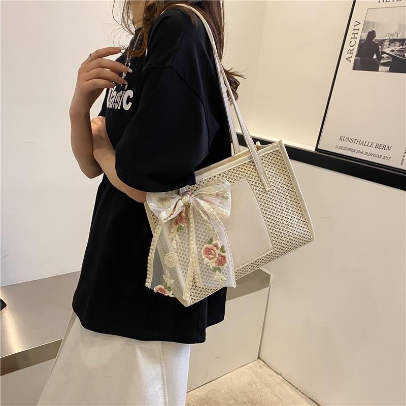 カゴバッグ 花柄リボン付きメッシュ編みトート型かごバッグ