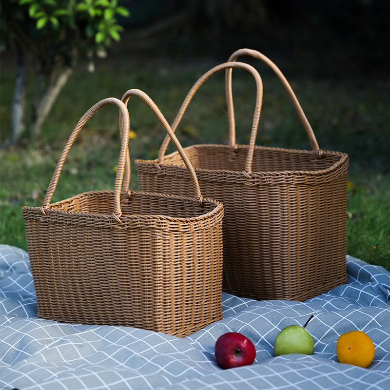 カゴバッグ 手編み籐製四角型持ち手付きかごばっぐ