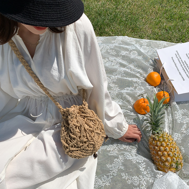 手編み丸型マクラメ編みショルダーカゴバッグ