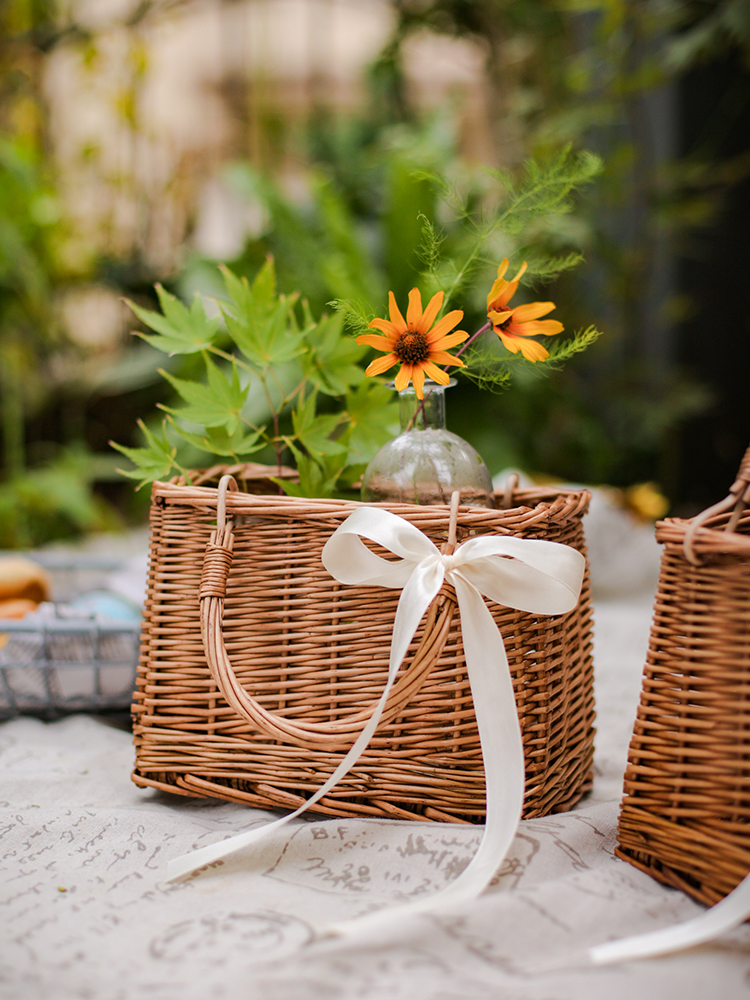 カゴバッグ 天然籐編み四角型持ち手付きカゴバッグ