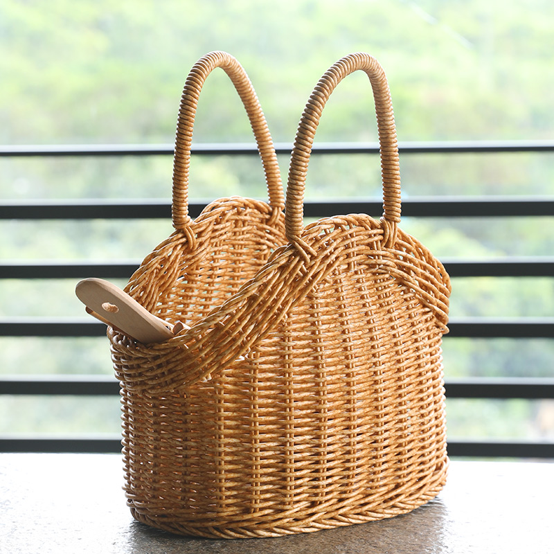 カゴバッグ 天然籐編み丸型持ち手付きバスケット