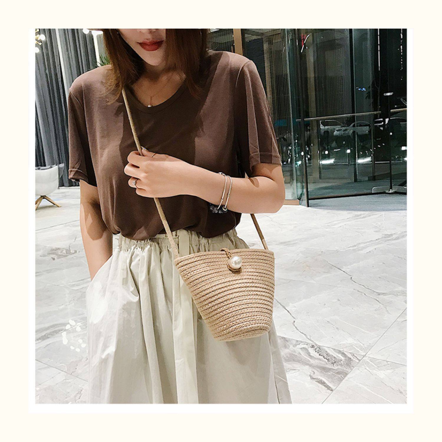 カゴバッグ パール飾り付き編み込みバケツ型カゴバッグ