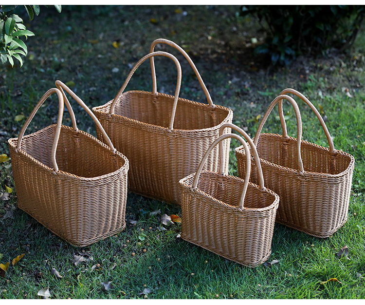 カゴバッグ 手編み籐製四角型持ち手付きかごばっぐ