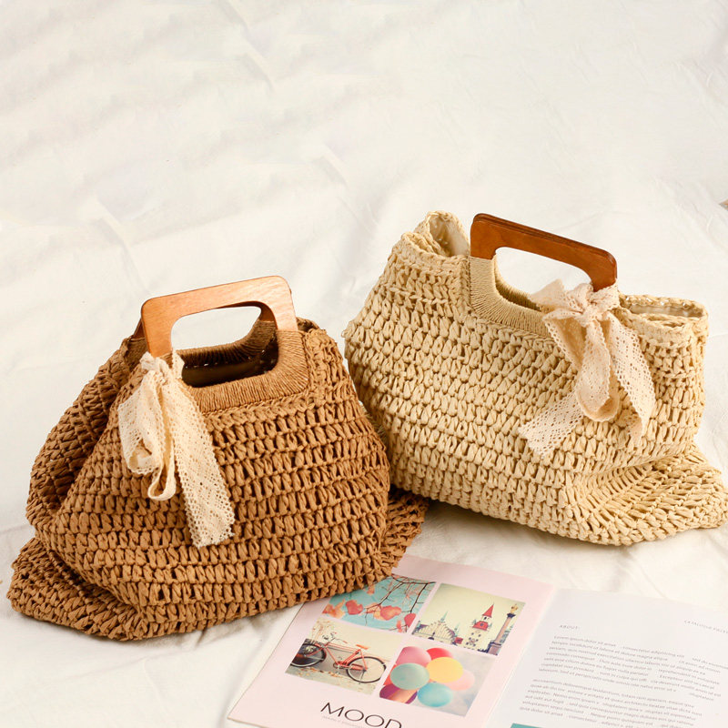カゴバッグ 木製ハンドル付き手編みカゴバッグ巾着型