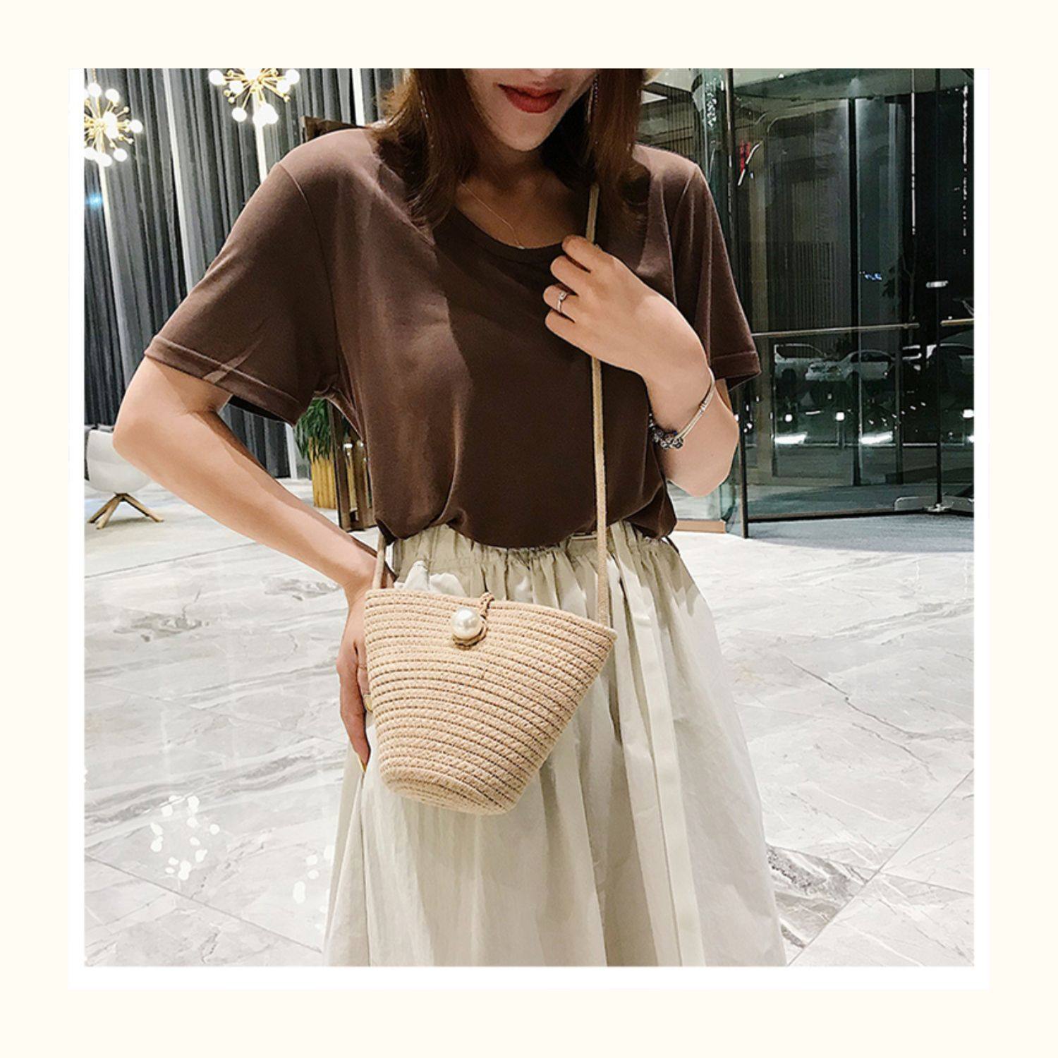 カゴバッグ パール飾り付き編み込みバケツ型カゴバッグ