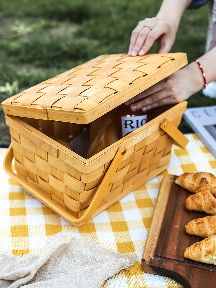 カゴバッグ 天然素材編み込み蓋付きピクニック収納籠