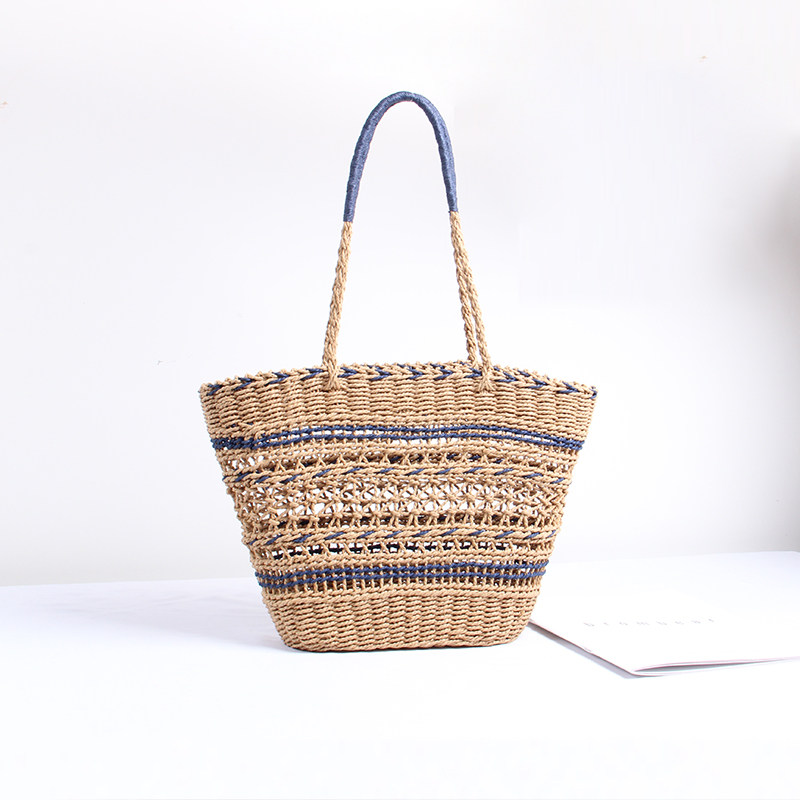 カゴバッグ ボーダー編み込み透かし模様のトート型かごバッグ