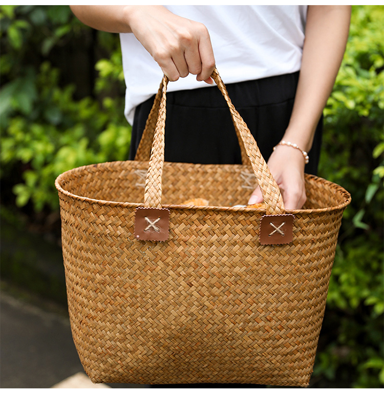 カゴバッグ 本革アクセント付き手編みかご籠ハンドバッグ